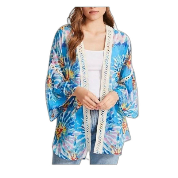 Steve Madden Crochet-Trim Tie-Dyed Kimono 31×32 Multicolor, cover up, swim shirt - Picture 2 of 5